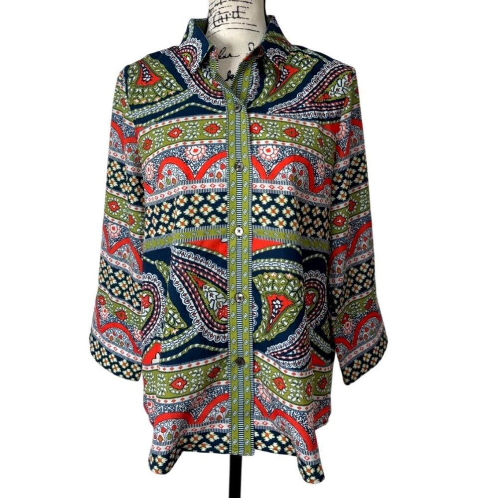 Gretchen Scott Designs Boyfriend Button Up Shirt Paisley Park Navy Womens Size M
